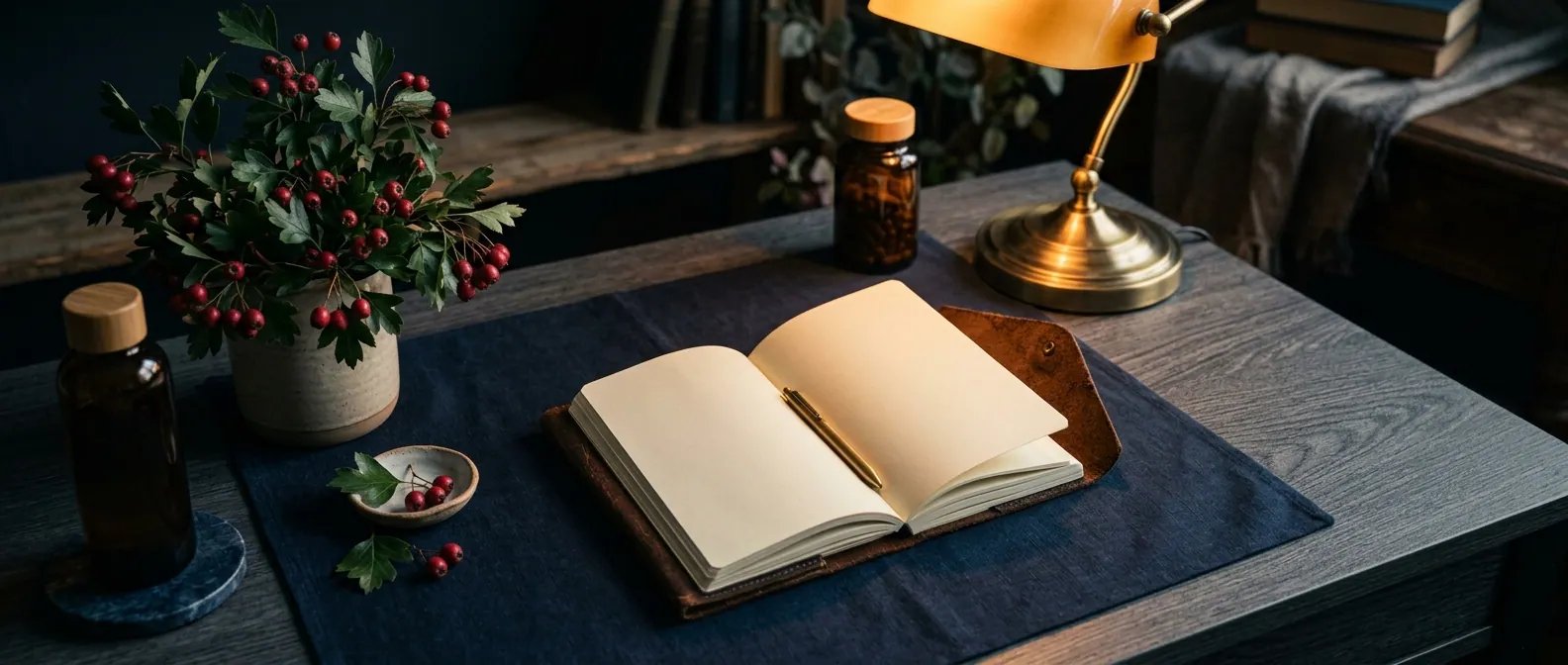 Wellness editorial desk with journal and hawthorn plant, warm lamp light