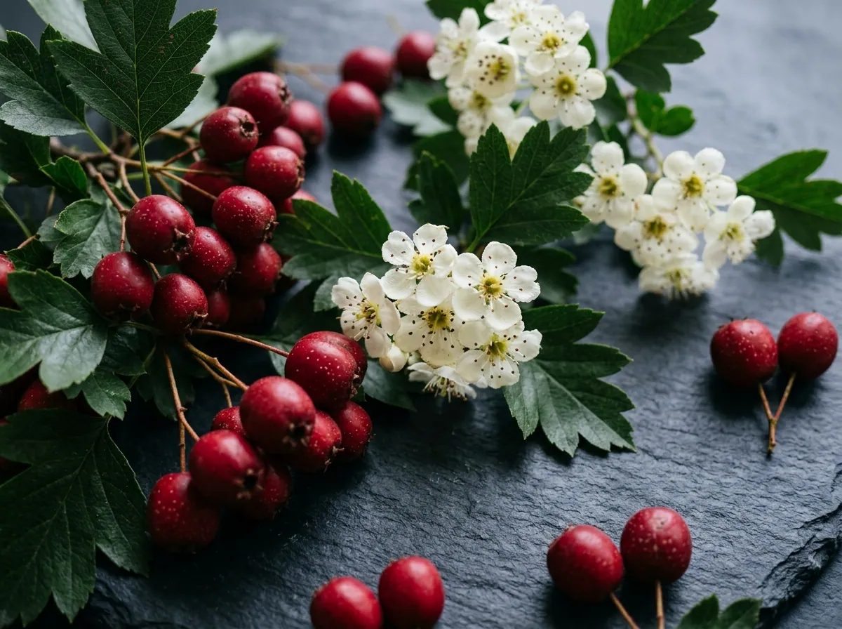 Hawthorn berry supplement for heart wellness - fresh berries and blossoms