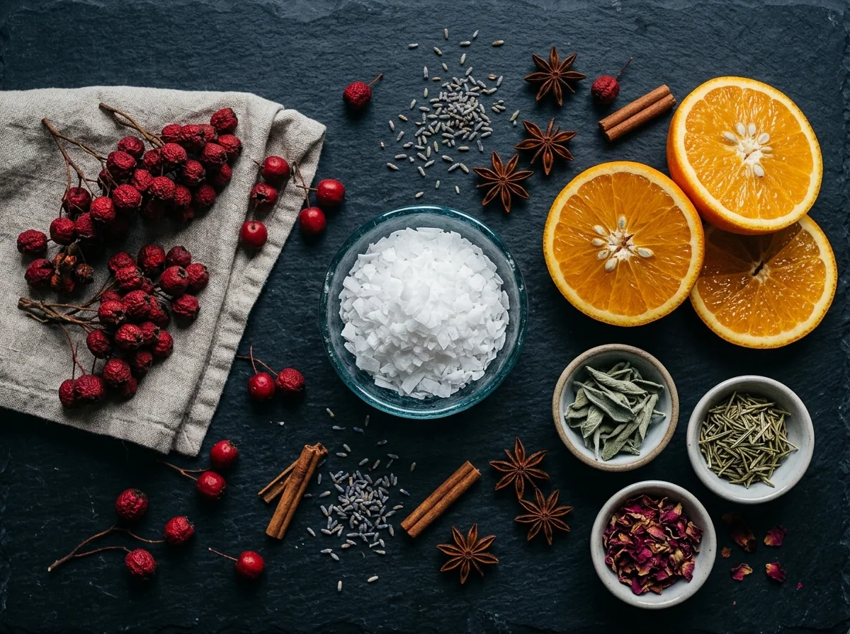 Plant-based cardiovascular food supplement ingredients flat lay - herbs, magnesium, vitamin C