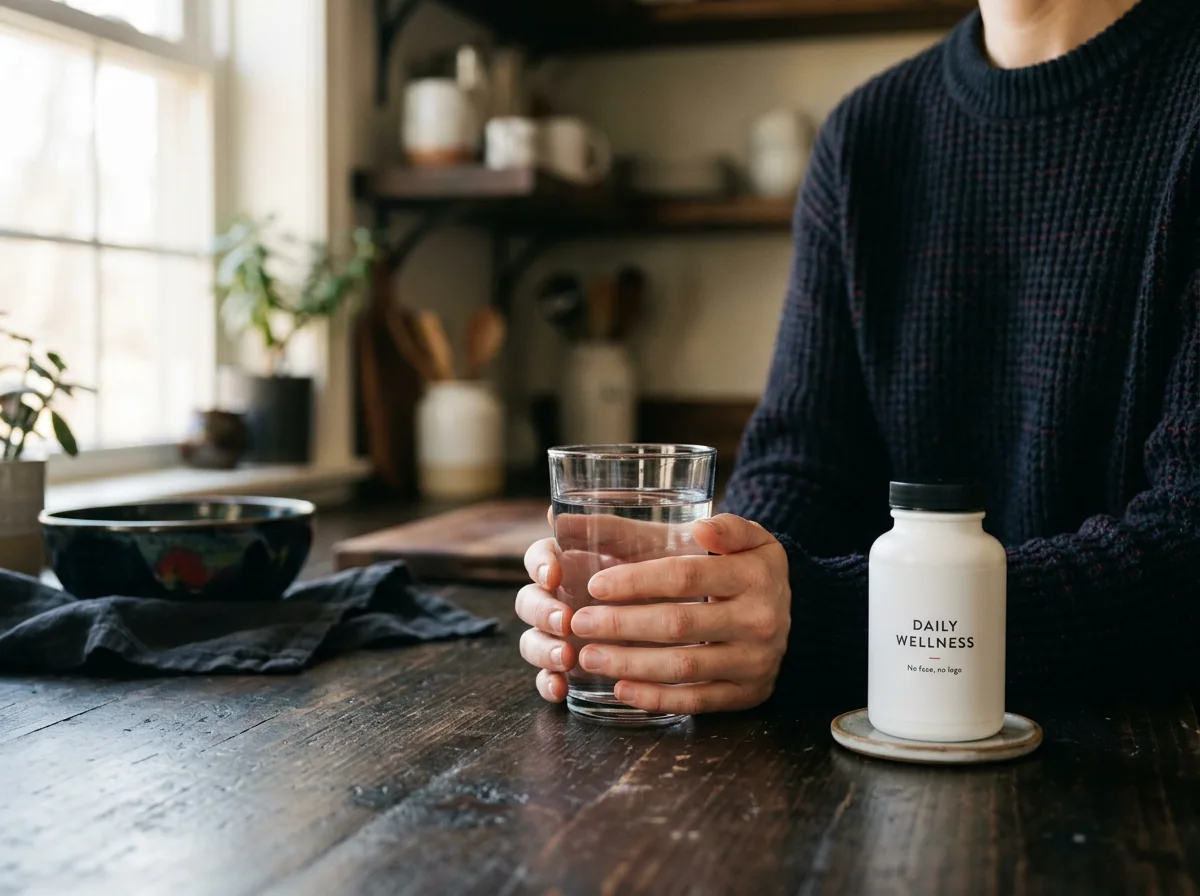 Hands holding glass of water with supplement bottle, morning wellness routine